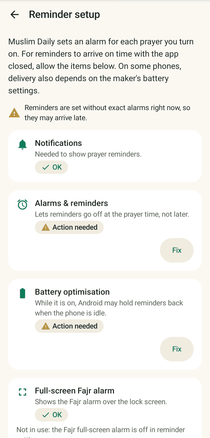Reminder setup: a checklist of phone settings (notifications, alarms and reminders, battery optimisation, full-screen Fajr alarm) with each item marked OK or Action needed.