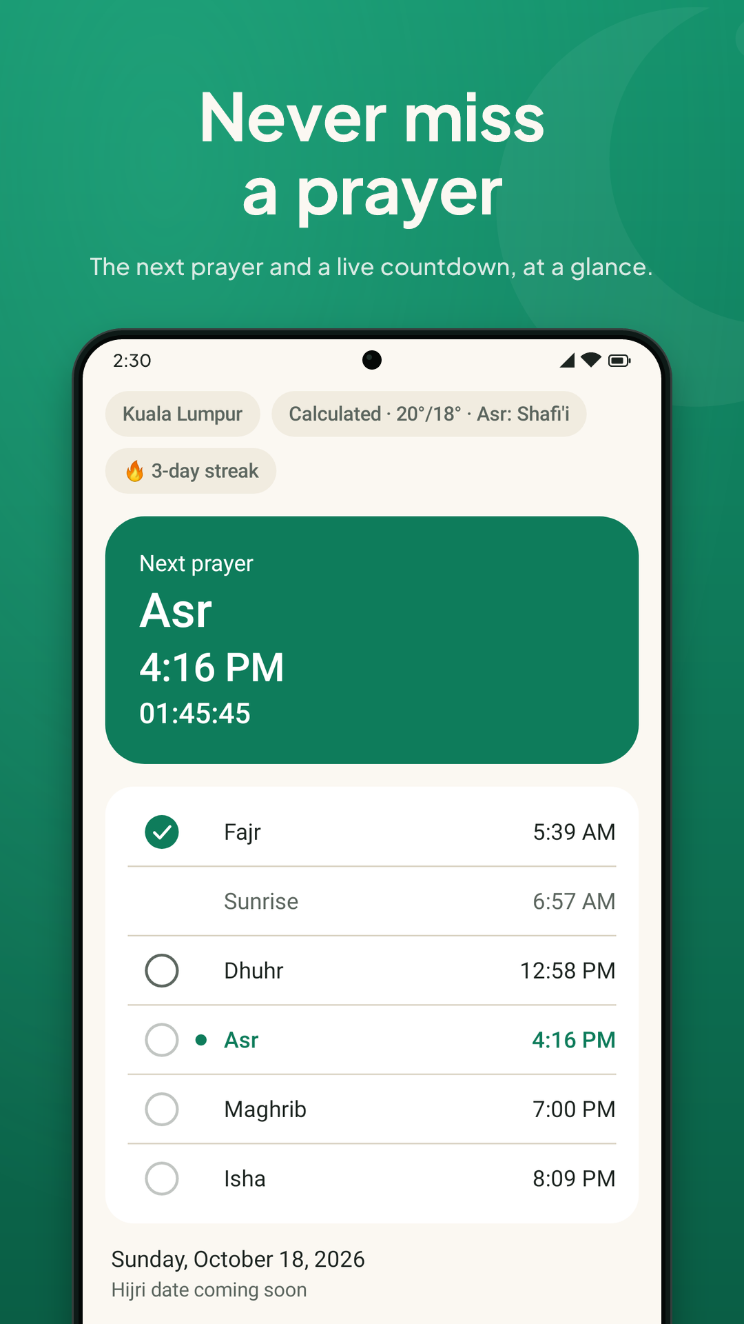 Store screenshot captioned 'Never miss a prayer' showing the Today screen.