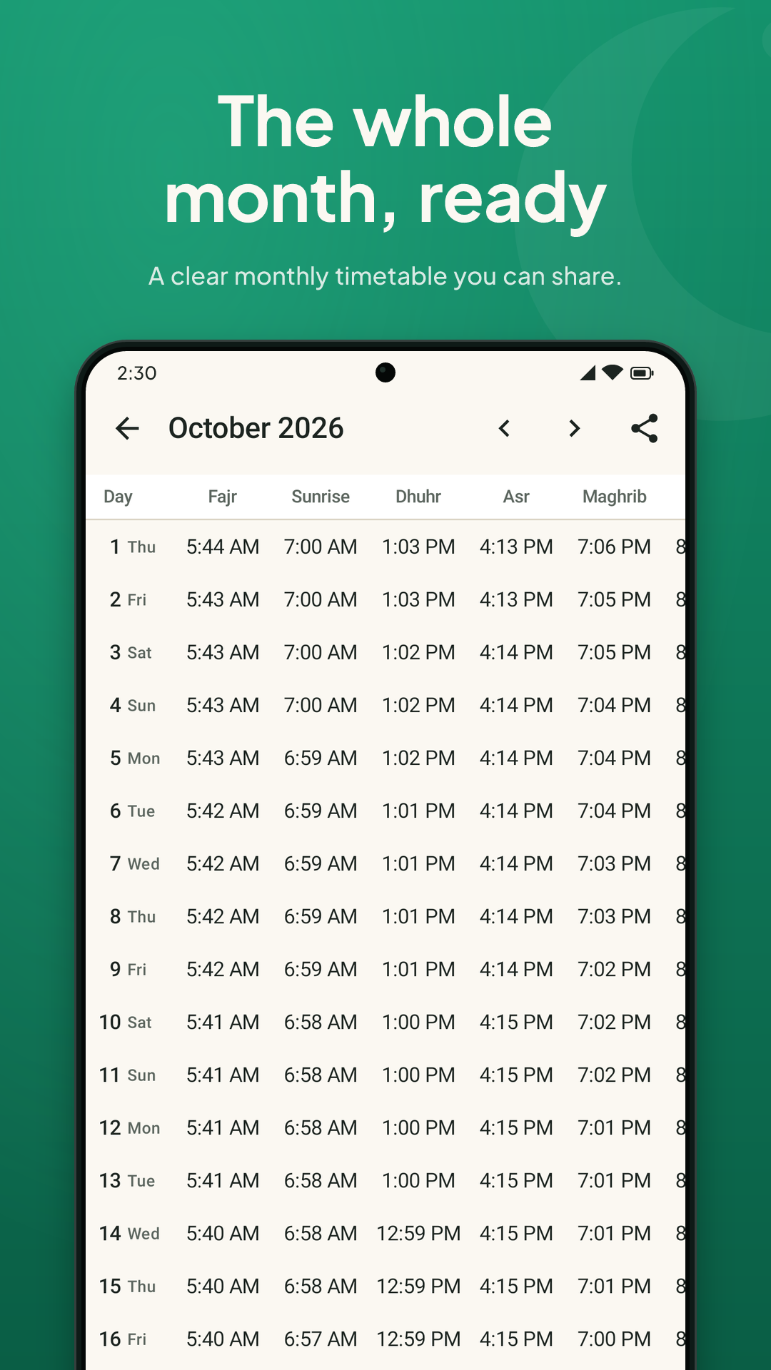Store screenshot captioned 'The whole month, ready' showing the monthly timetable.