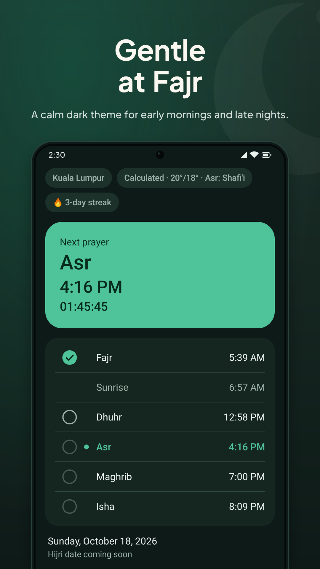Store screenshot captioned 'Gentle at Fajr' showing the dark theme.